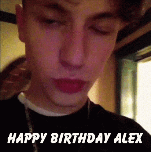 A close-up video loop of a man with the caption Happy birthday Alex along the bottom