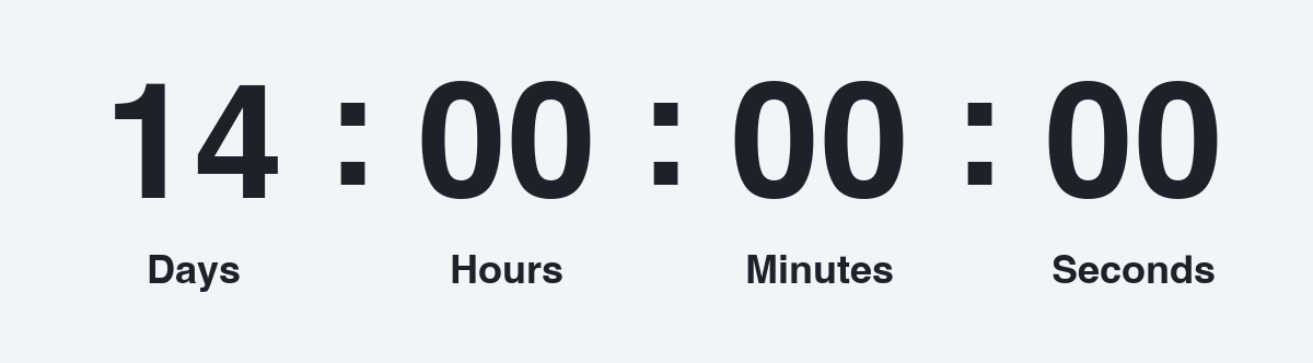 Countdown timer showing 14 days with black digits on a gray background