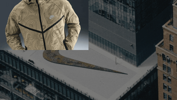 Product cutouts of patterned jackets slide and fade over an aerial city background