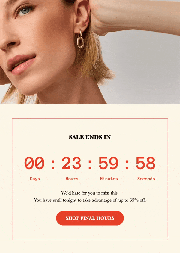 A jewelry sale email shows a ticking countdown and a Shop Final Hours button