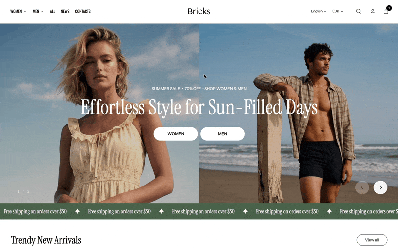 Cursor opens a fashion store menu and scrolls product cards beside a beach homepage hero