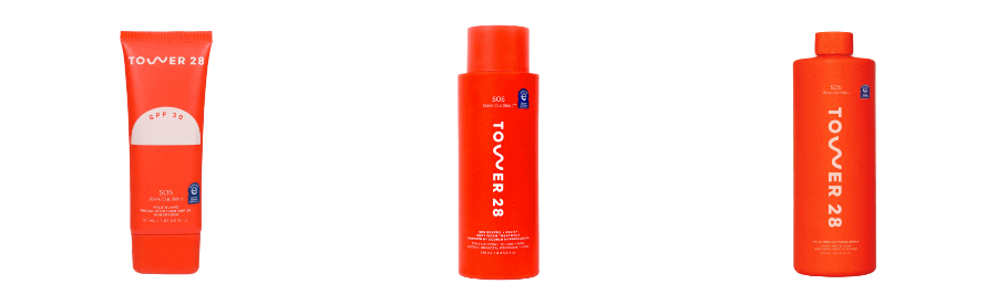 A carousel rotates between three orange Tower 28 skincare products