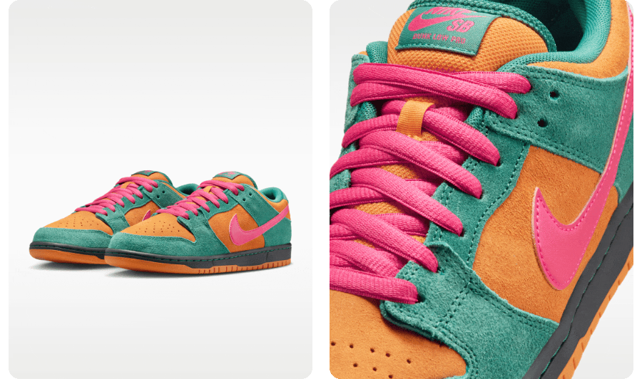 A scrolling carousel reveals colorful sneakers in full-product and close-up views