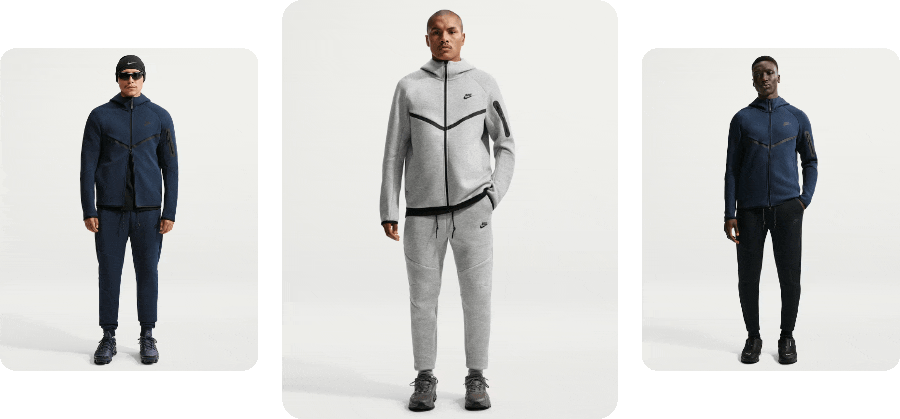 A moving carousel shows models wearing tracksuits in several colors