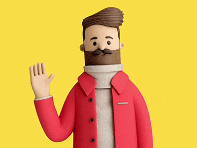A 3D bearded character in a red coat waves against a yellow background