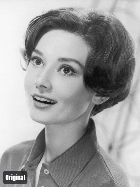 Dissolve transition GIF comparing a black-and-white Audrey Hepburn portrait with its colorized version